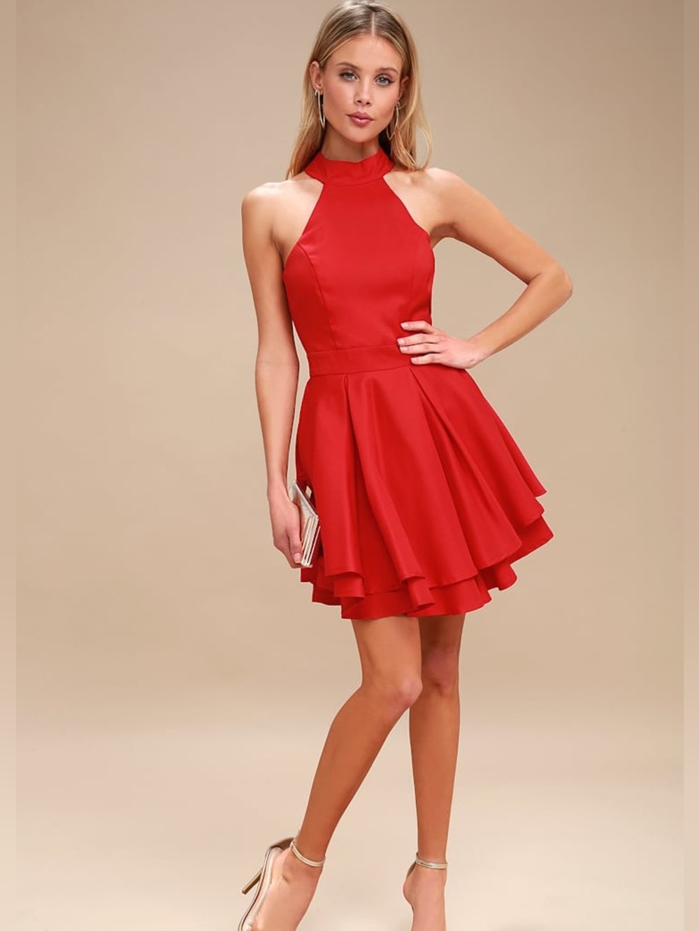 Lulus.com Red mock neck Halter Fit & Flare Dress